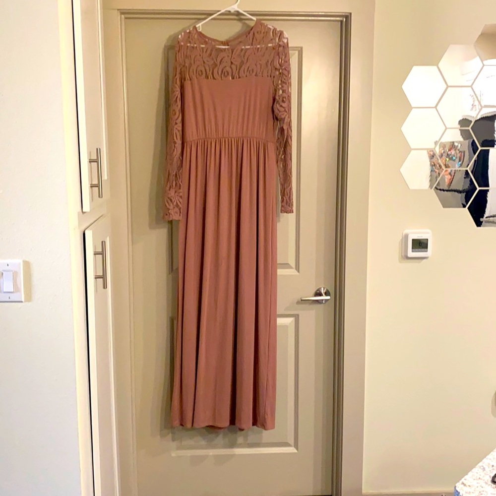 Blush Dress with Lace Sleeves.